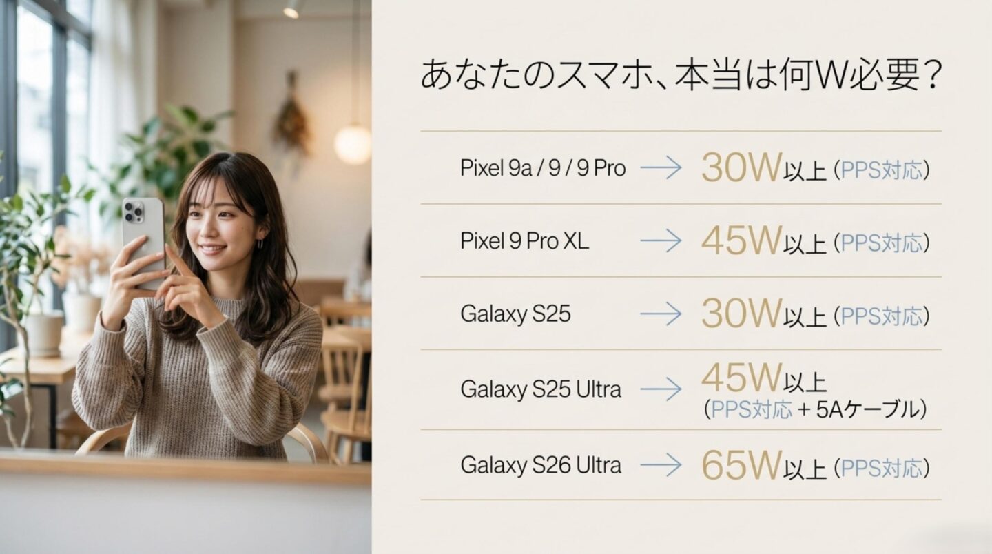 Pixel 9aやGalaxy S25 Ultraなど機種別に必要なモバイルバッテリー出力を比較するスライド