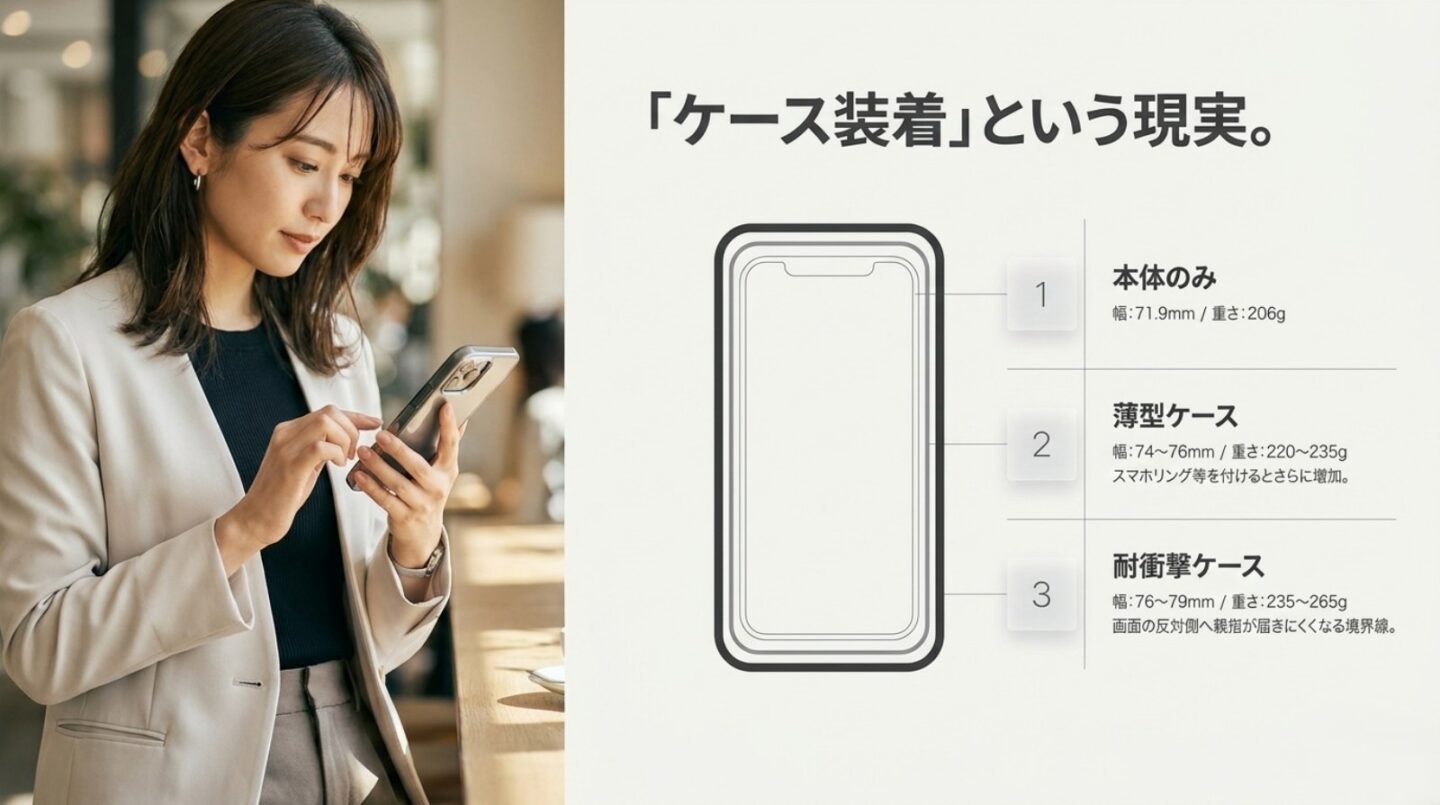 iPhone 17 Proのケース装着後サイズ iPhone 17 Pro本体と薄型ケース、耐衝撃ケースの横幅と重さを比較するスライド