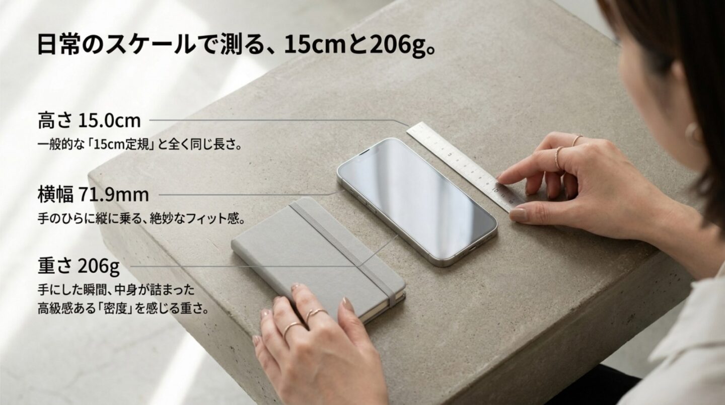 iPhone 17 Proの高さ・横幅・重さ iPhone 17 Proの高さ15cm、横幅71.9mm、重さ206gを示すスライド