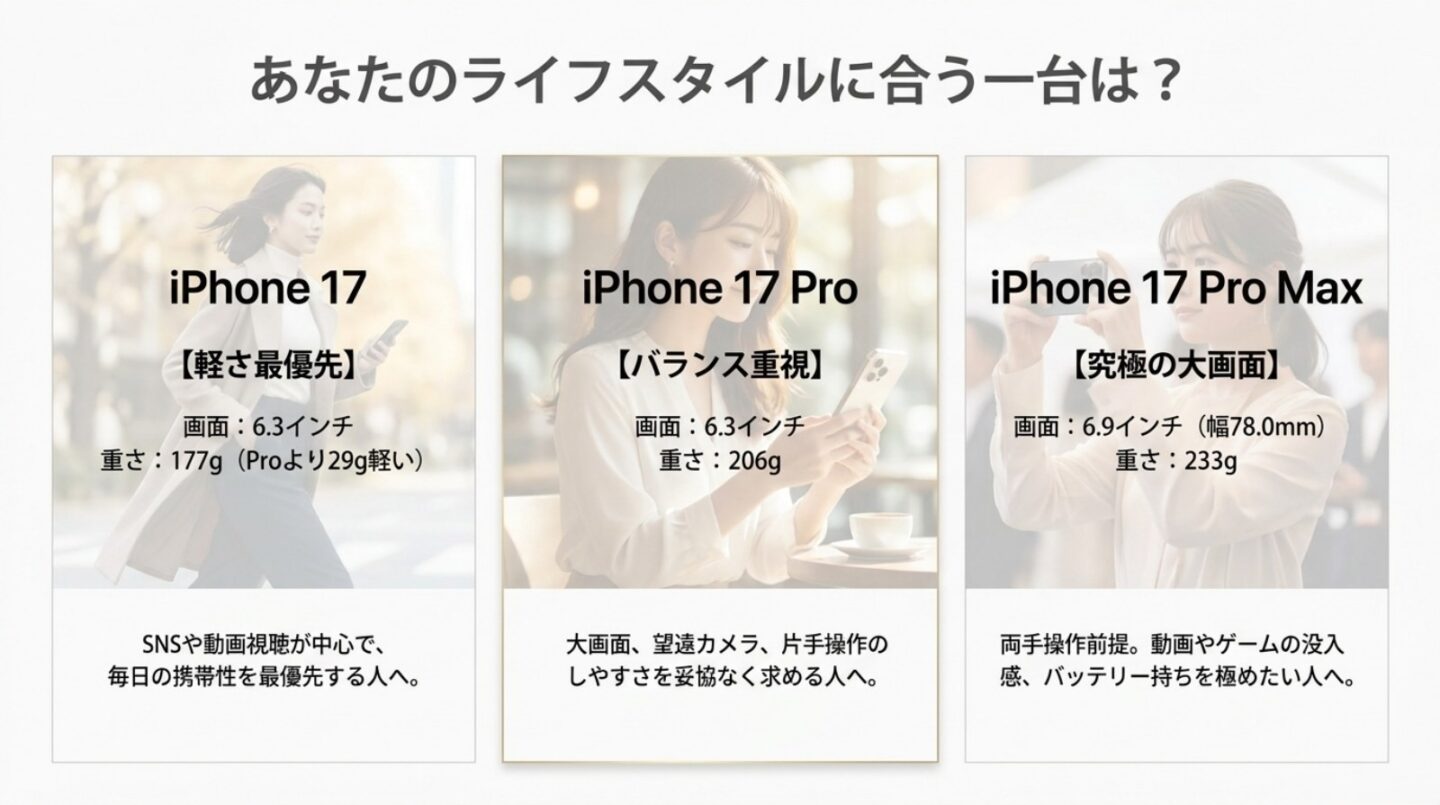 iPhone 17シリーズのサイズ選び iPhone 17、iPhone 17 Pro、iPhone 17 Pro Maxの画面サイズと重さを比較するスライド