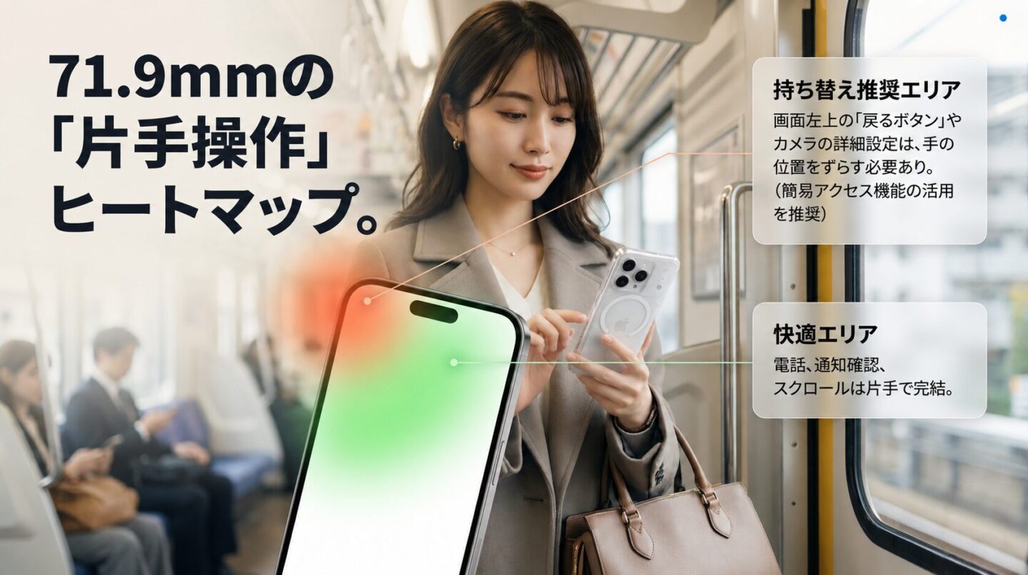 iPhone 17 Pro片手操作ヒートマップ iPhone 17 Proの片手で操作しやすい範囲と持ち替えが必要な範囲を示すスライド
