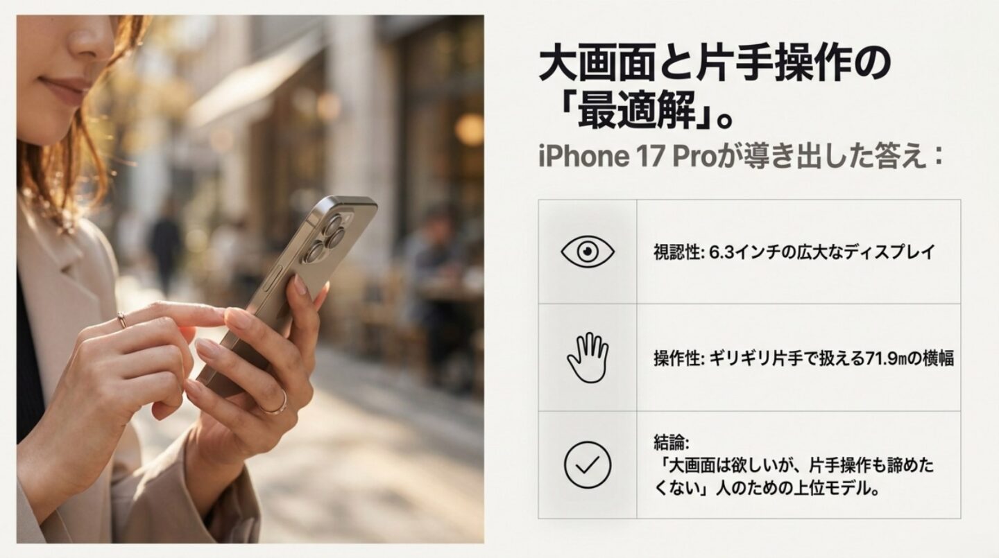 iPhone 17 Proは大画面と片手操作の最適解 6.3インチ画面と横幅71.9mmからiPhone 17 Proの片手操作を解説するスライド