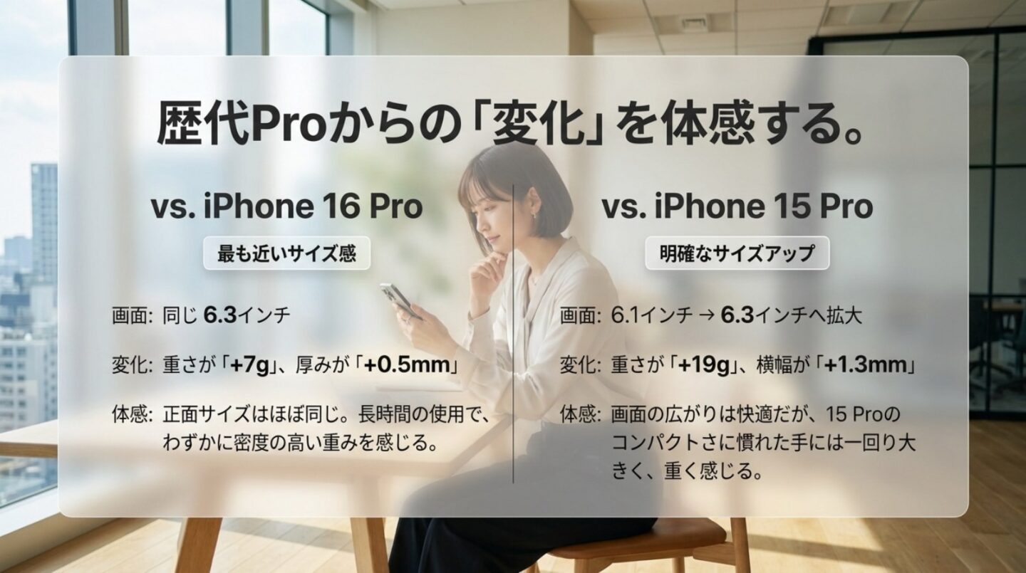 iPhone 17 Proと16 Pro・15 Proのサイズ比較 iPhone 17 ProとiPhone 16 Pro、15 Proの画面サイズや重さの変化を比較するスライド