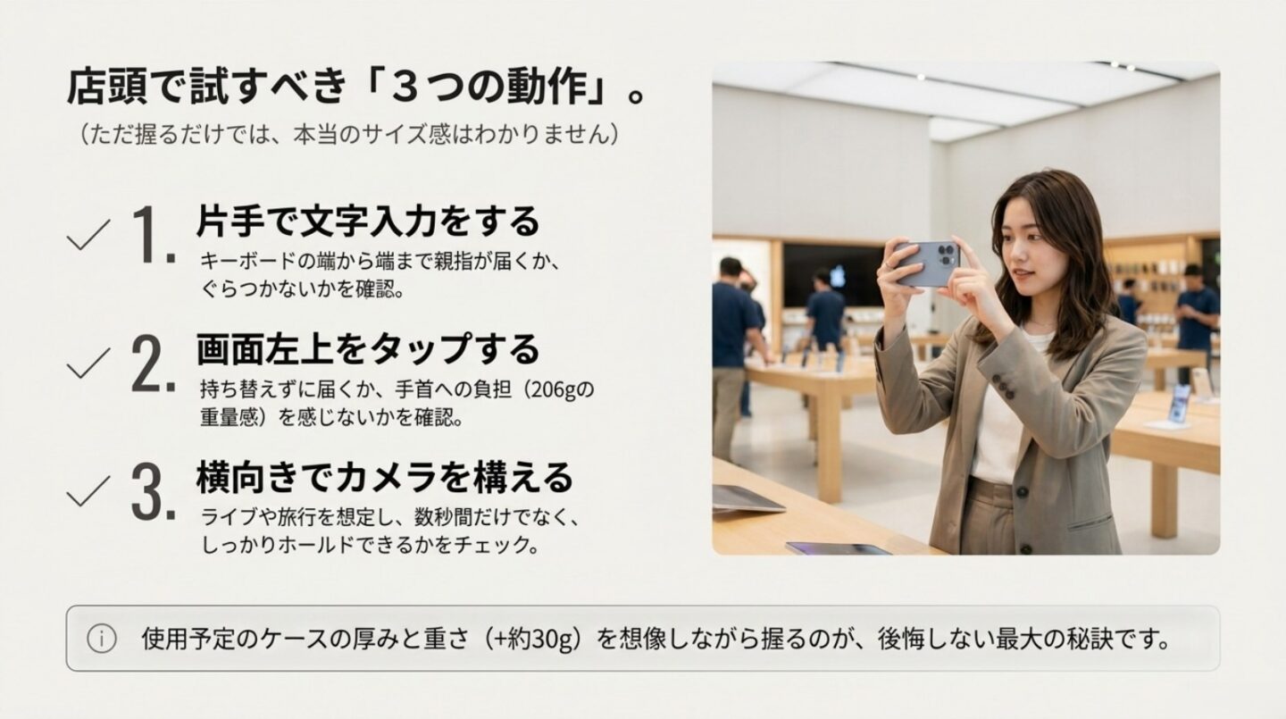 iPhone 17 Proを店頭で確認する3つの動作 iPhone 17 Proを店頭で片手入力、画面左上タップ、横向き撮影して確認するスライド