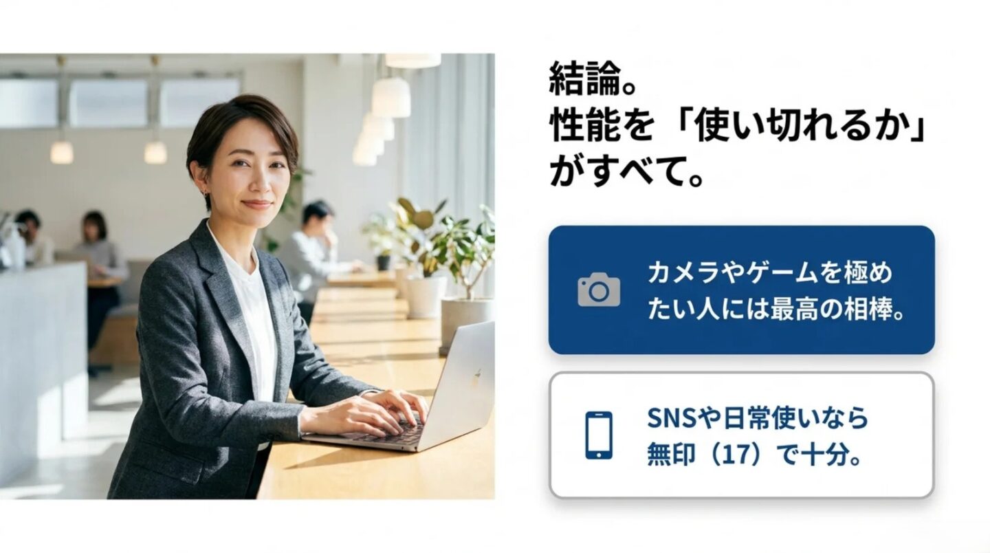 iPhone 17 Proと無印17の選択結論 iPhone 17 Proは性能を使い切れる人に向き日常用途なら無印17でも十分と示すスライド