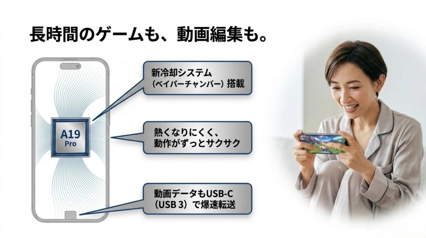 iPhone 17 Proのゲーム性能と動画編集性能 iPhone 17 ProのA19 ProとベイパーチャンバーやUSB 3転送を解説するスライド