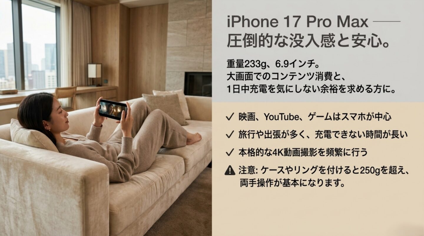 iPhone 17 Pro Maxは大画面と電池持ちを重視する人向け 重量233gで6.9インチのiPhone 17 Pro Maxが動画視聴や旅行と長時間撮影に向くことを示す図