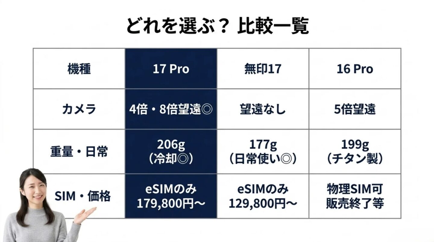 iPhone 17 Proと無印17と16 Proの比較一覧 iPhone 17 Proと無印17とiPhone 16 Proのカメラ重量SIM価格を比較したスライド