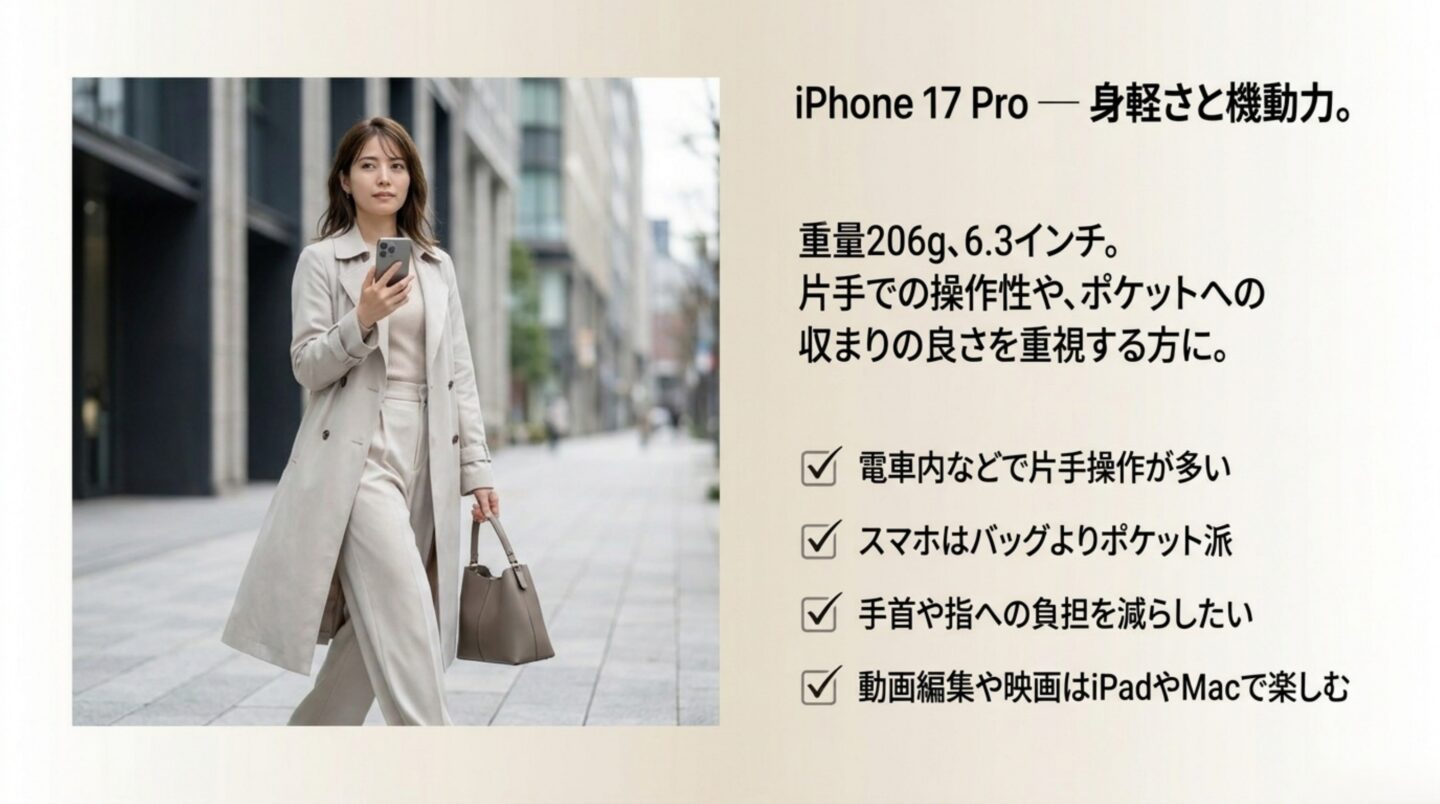 iPhone 17 Proは片手操作と携帯性を重視する人向け 重量206gで6.3インチのiPhone 17 Proが片手操作やポケット収納に向くことを示す図