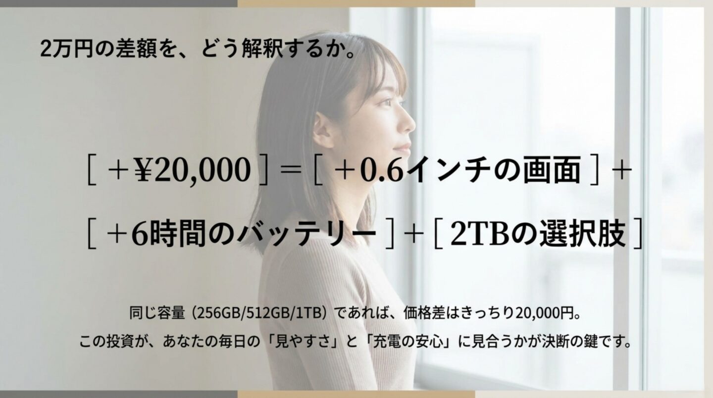 iPhone 17 Pro Maxの2万円の価格差 iPhone 17 Pro Maxの価格差2万円で大画面と長いバッテリーと2TBを得られることを示す図
