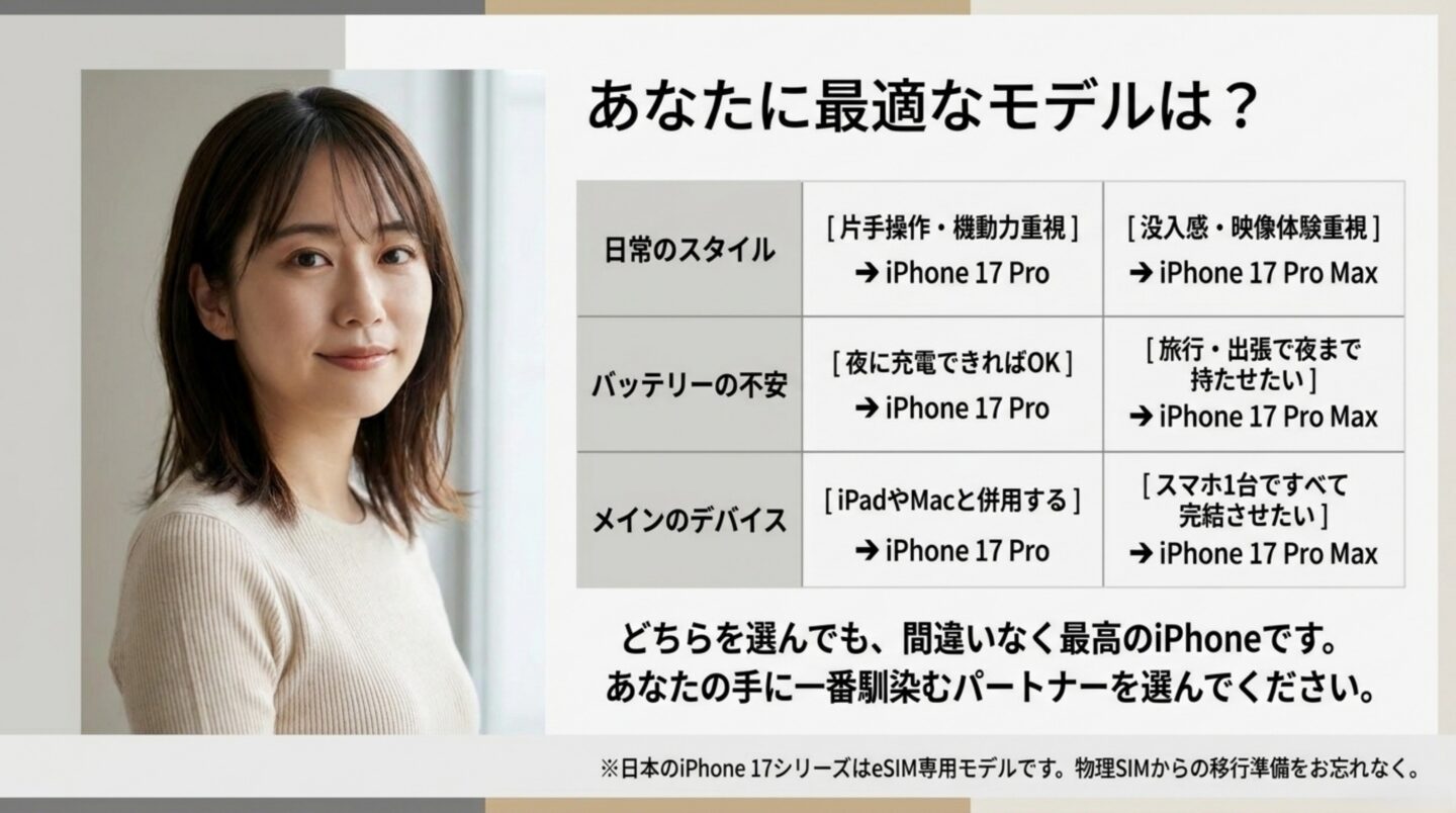 iPhone 17 ProとPro Maxの用途別おすすめモデル 片手操作とバッテリーとメイン端末の使い方からiPhone 17 ProかPro Maxを選ぶ早見表