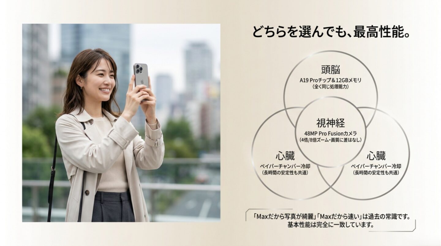 iPhone 17 ProとPro Maxの基本性能は共通 iPhone 17 ProとPro MaxでA19 Proとカメラと冷却性能が共通であることを示す図