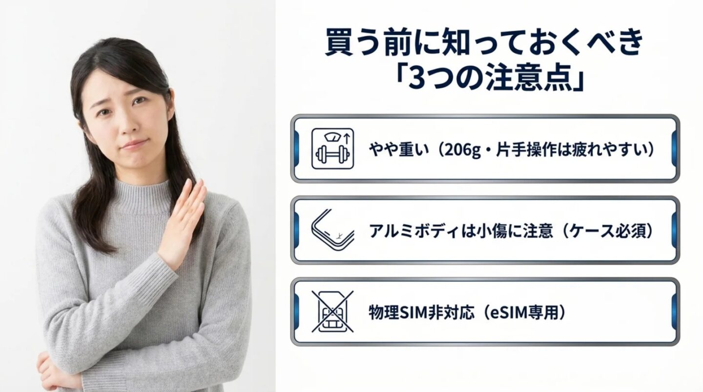 iPhone 17 Proを買う前に知るべき3つの注意点 iPhone 17 Proの206gの重量とアルミボディの傷やeSIM専用を示す注意点スライド