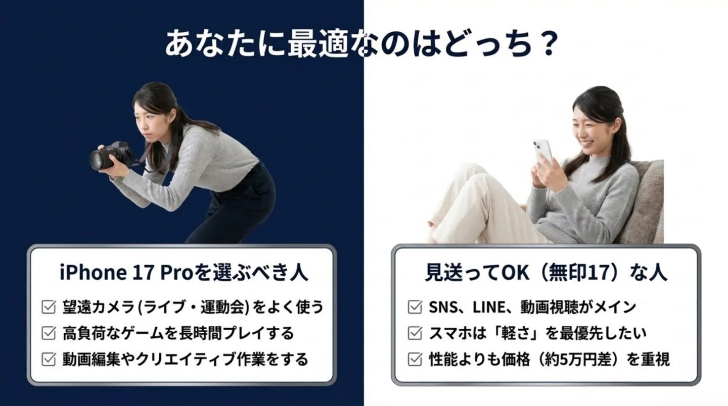 iPhone 17 Proを選ぶべき人と見送ってよい人 iPhone 17 Proを選ぶべき人と無印17で十分な人を比較したスライド