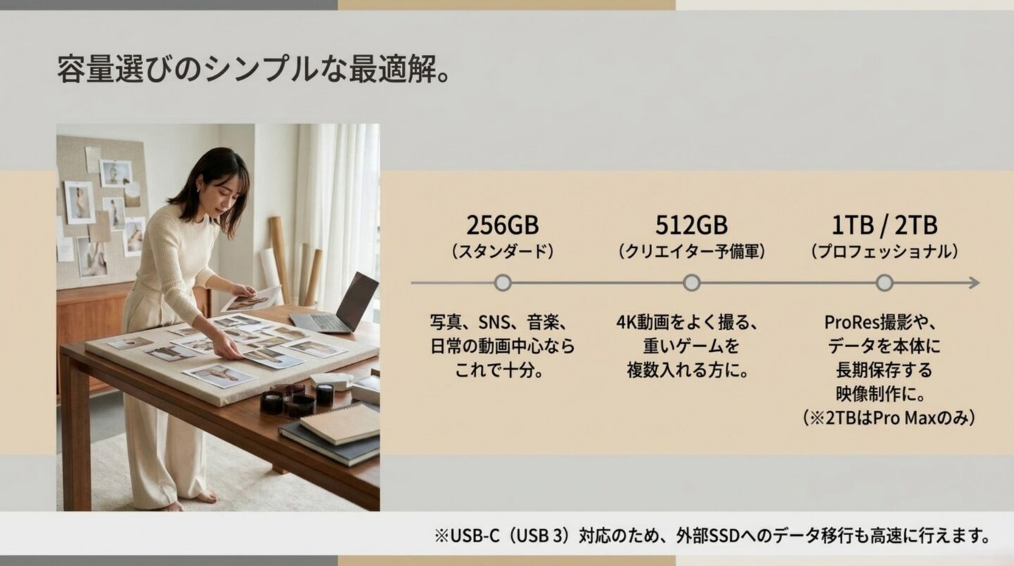 iPhone 17 Proのストレージ容量の選び方 iPhone 17 Proの256GBと512GBと1TBおよびPro Maxの2TBを用途別に比較した図