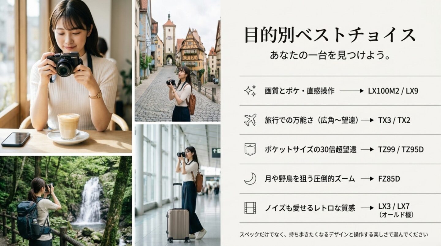 画質・旅行・30倍ズーム・超望遠・レトロ撮影別にLUMIXコンデジを選ぶ図