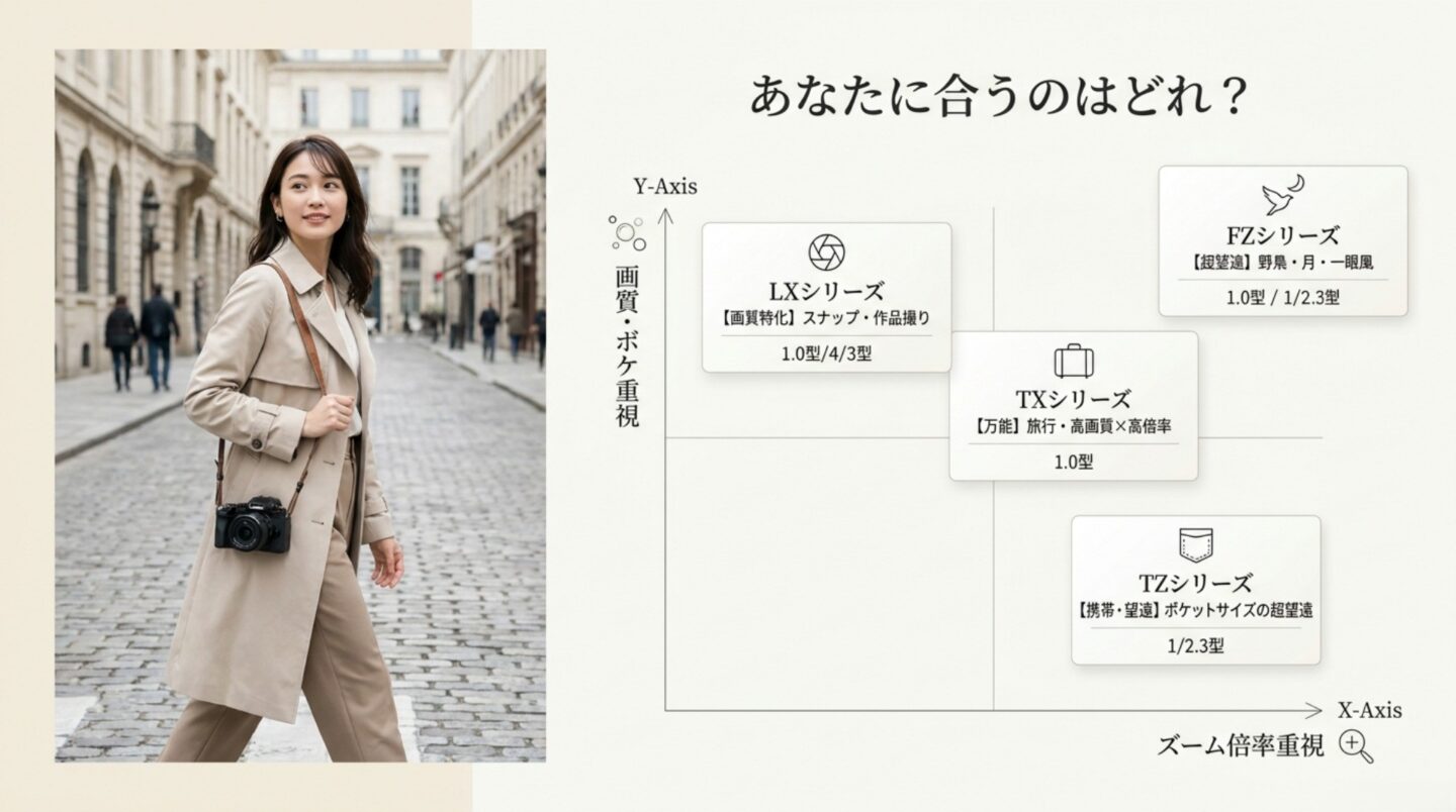 画質とズーム倍率を軸にLX・TX・TZ・FZシリーズの違いを整理した図