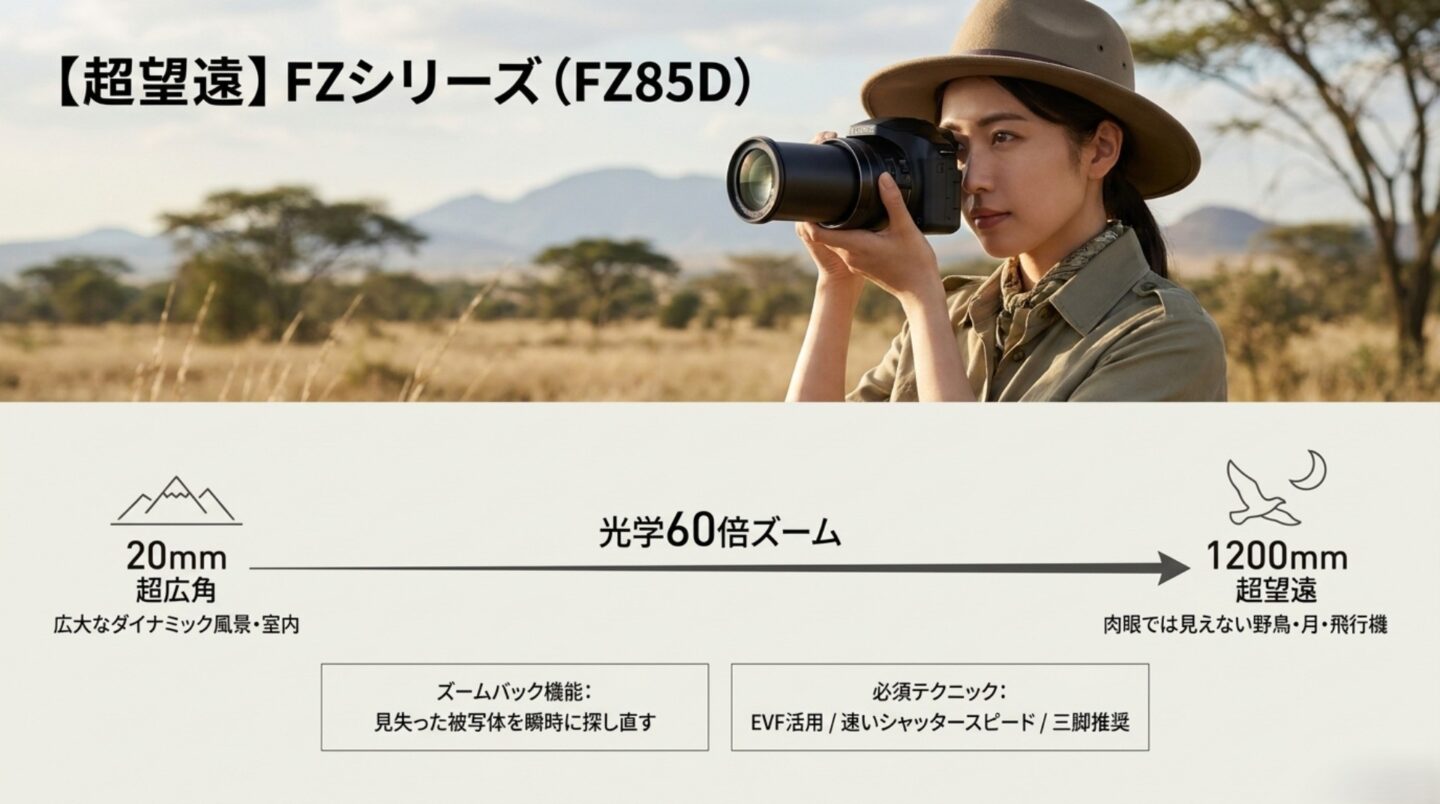 LUMIX FZ85Dの20mm超広角から1200mm超望遠までの光学60倍ズームを示す図
