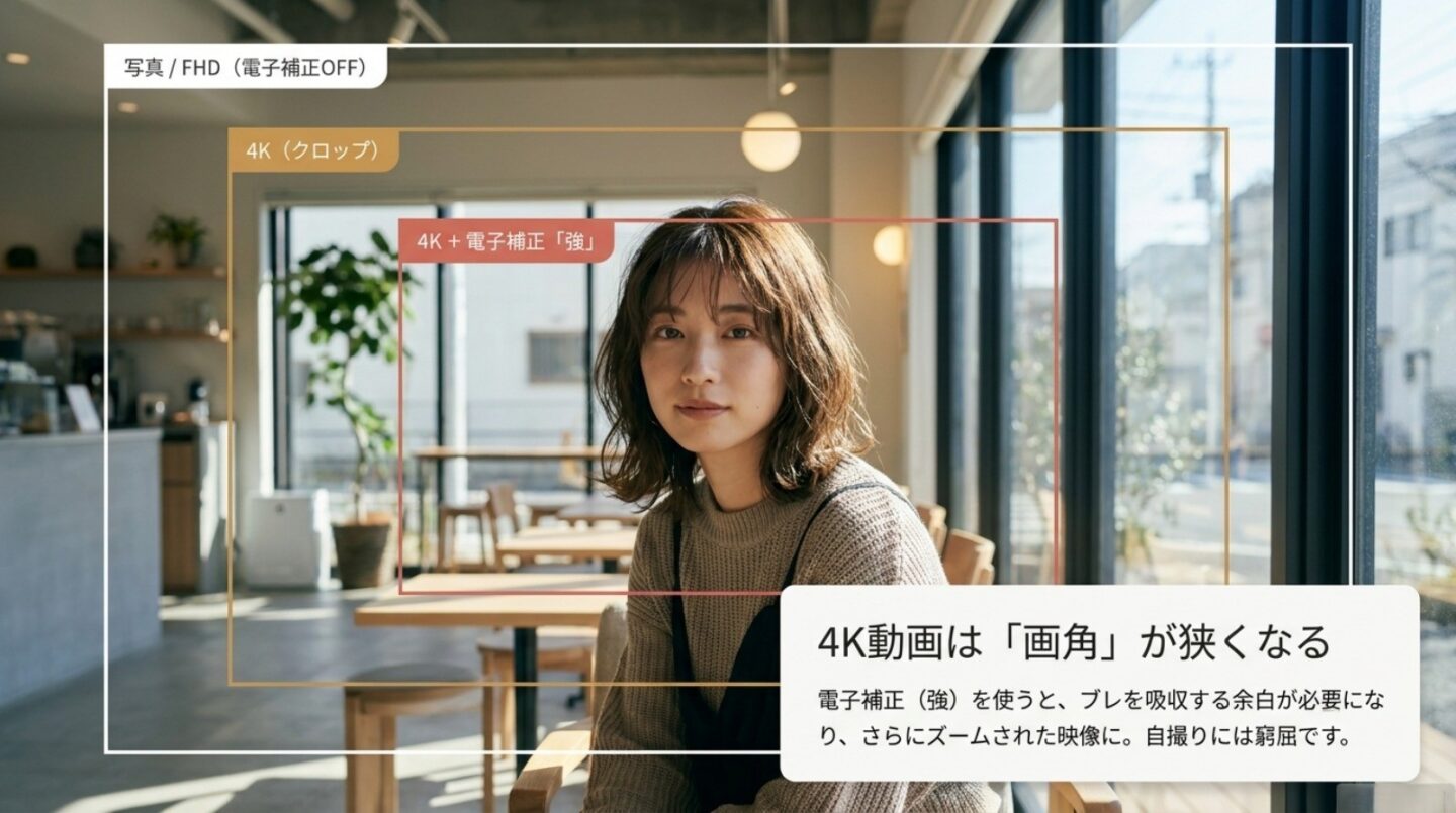 G100Dの4K動画クロップ比較 写真とFHD、4K、4K電子手ブレ補正強で画角が段階的に狭くなる比較図