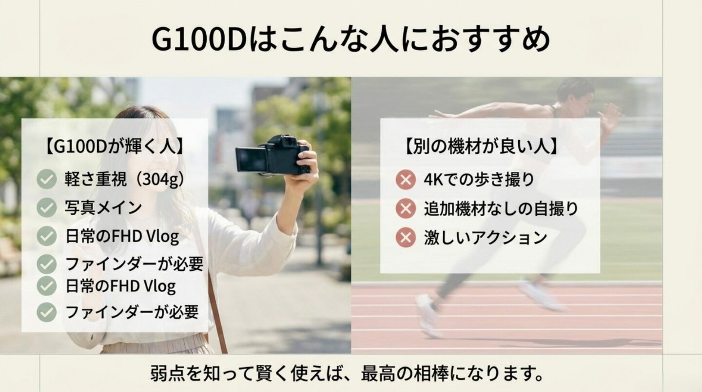 G100Dが向いている人と向かない人 軽さや写真、FHD Vlogを重視する人と4K歩き撮りや激しい撮影を重視する人の適性比較