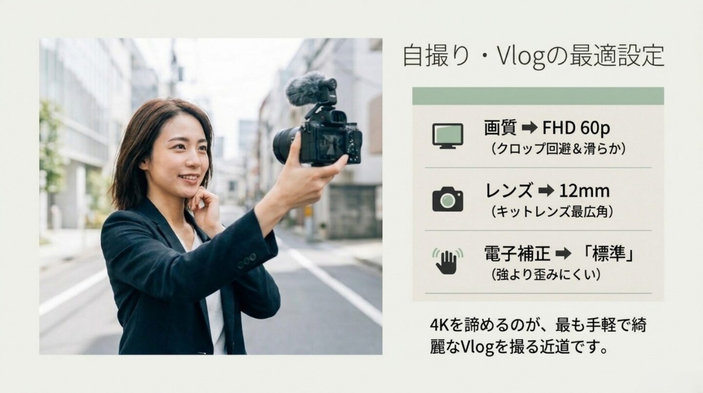 G100D自撮りVlogのおすすめ設定 FHD60p、12mm広角端、電子手ブレ補正標準を組み合わせたG100Dの自撮りVlog設定
