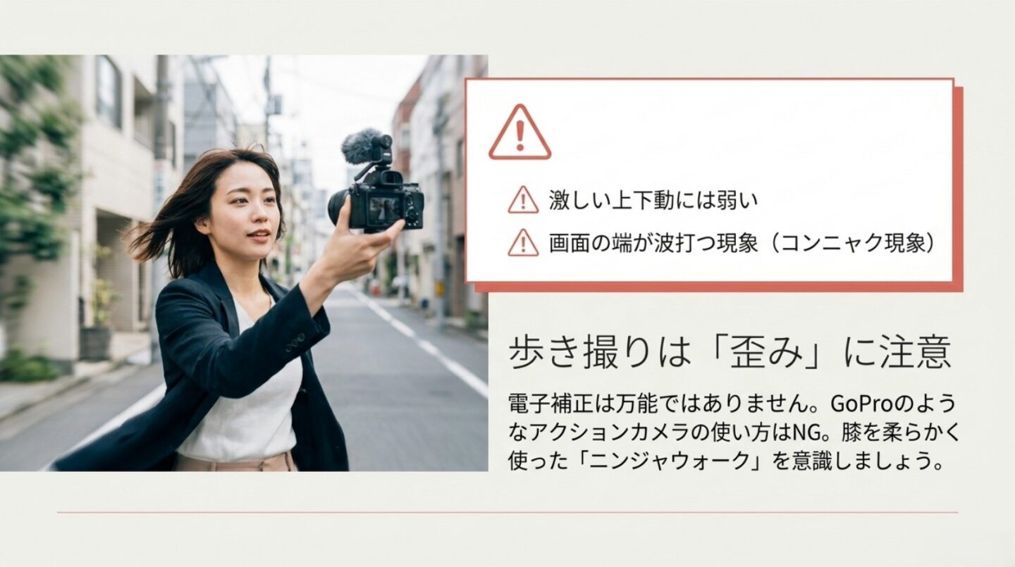 G100Dの歩き撮りで起こる歪み LUMIX G100Dの歩き撮りで上下動や画面端のコンニャク現象に注意することを示すスライド