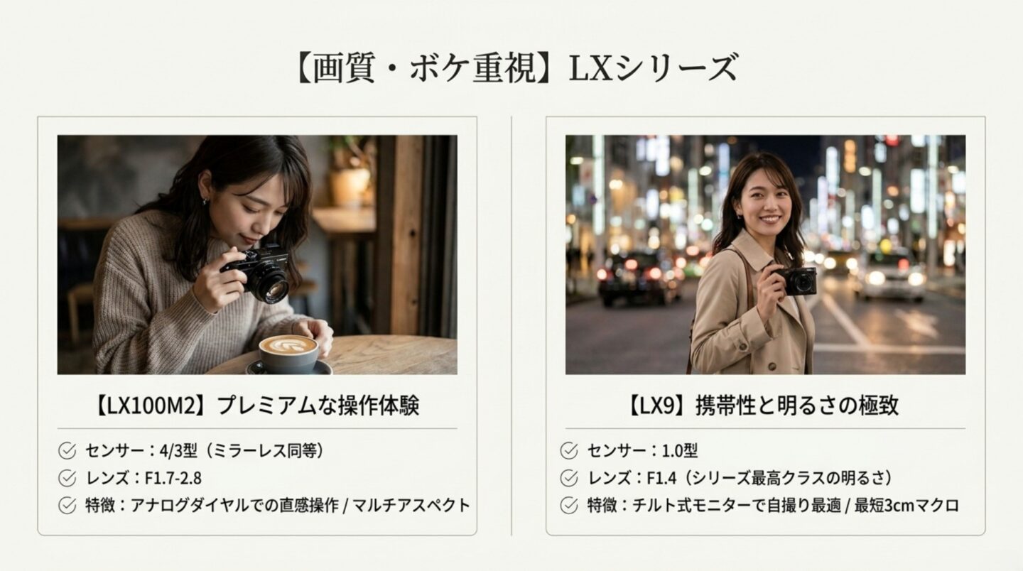 LUMIX LX100M2とLX9のセンサー・レンズ・操作性を比較したスライド