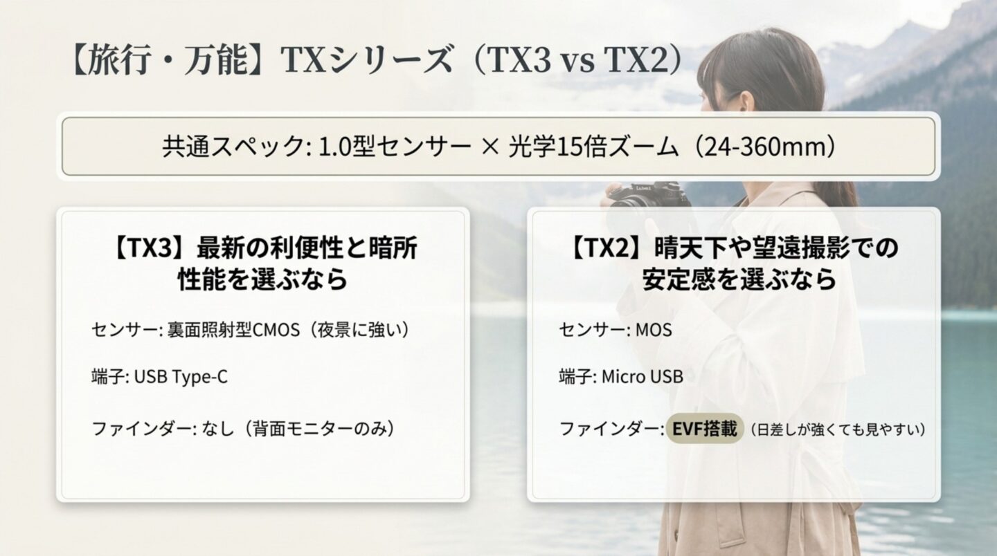 LUMIX TX3とTX2のセンサー・USB端子・EVFの違いを比較した図