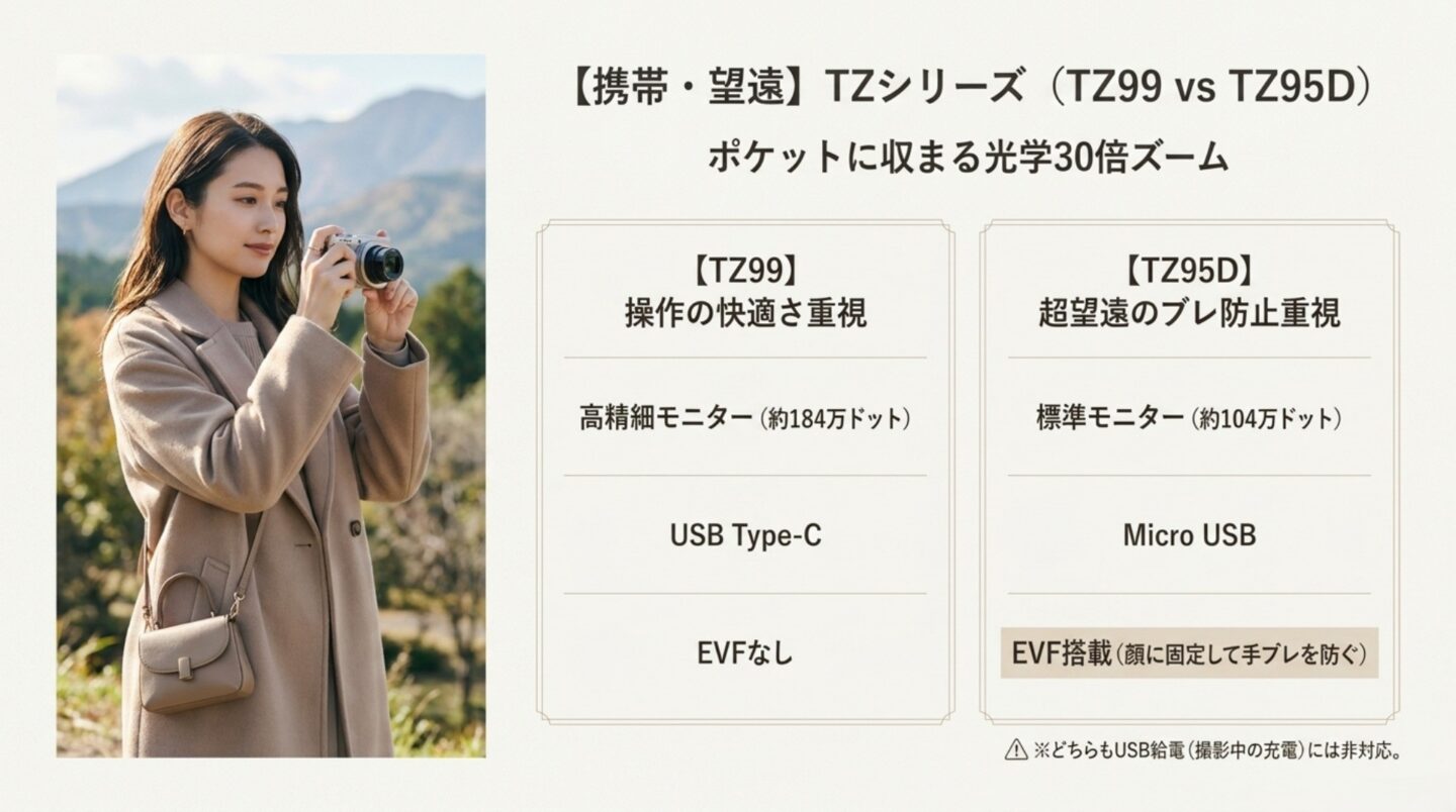 LUMIX TZ99とTZ95Dのモニター・USB端子・EVFの違いを比較した図