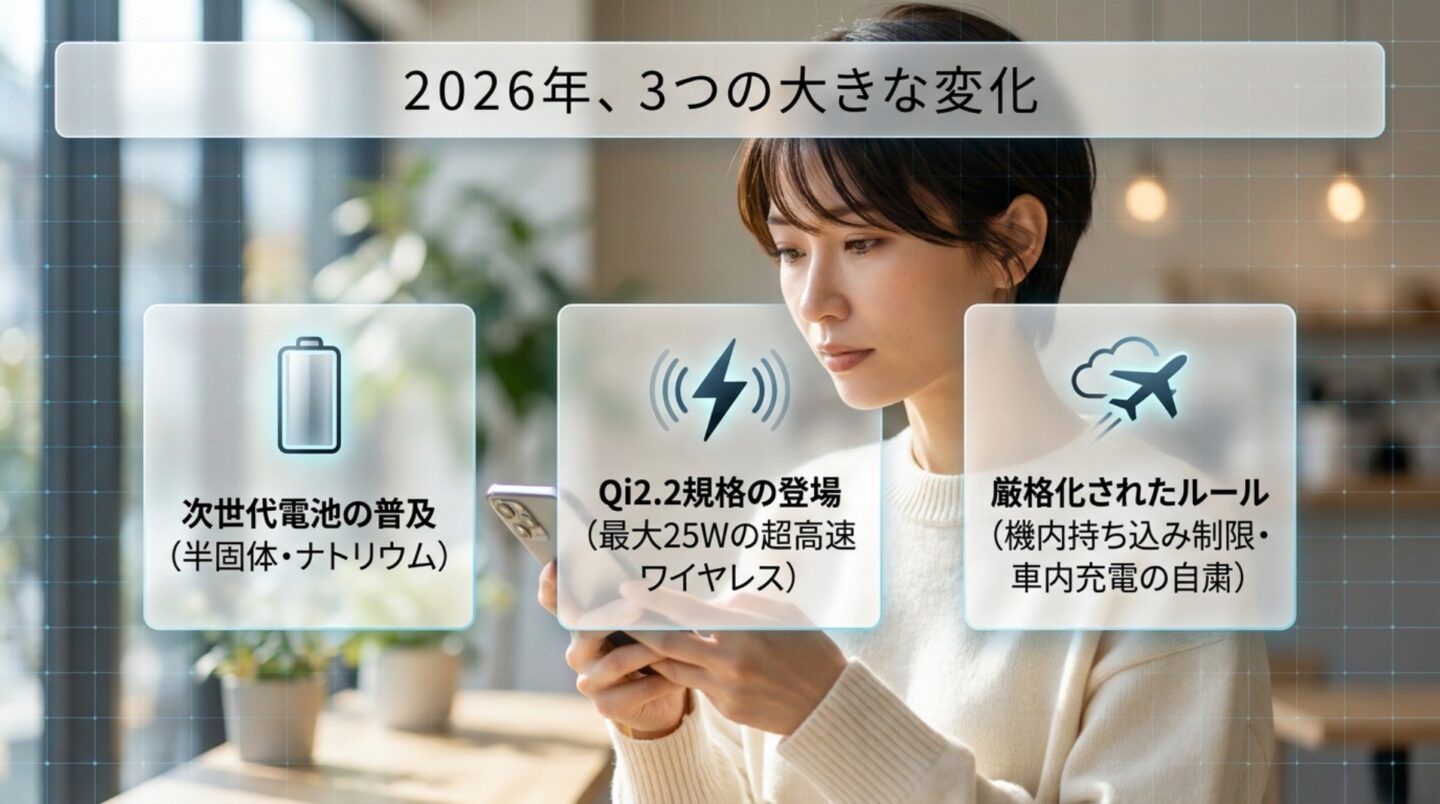半固体電池とナトリウムイオン電池、Qi2.2、航空機や鉄道の安全ルールを示したスライド