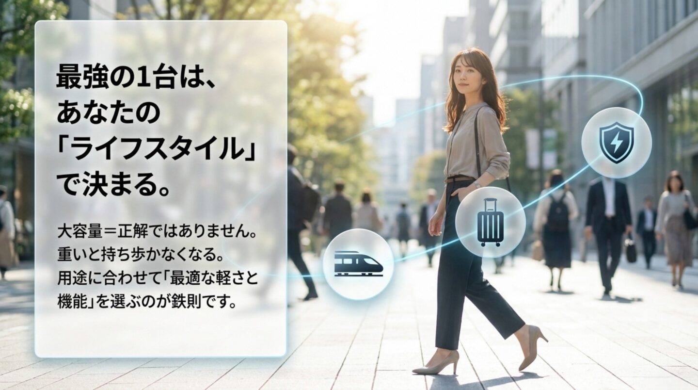 通勤や旅行、防災などライフスタイルに合わせてモバイルバッテリーを選ぶ考え方