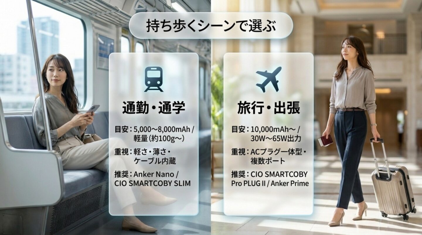 通勤通学は軽量モデル、旅行出張はACプラグ一体型を選ぶ目安を示したスライド
