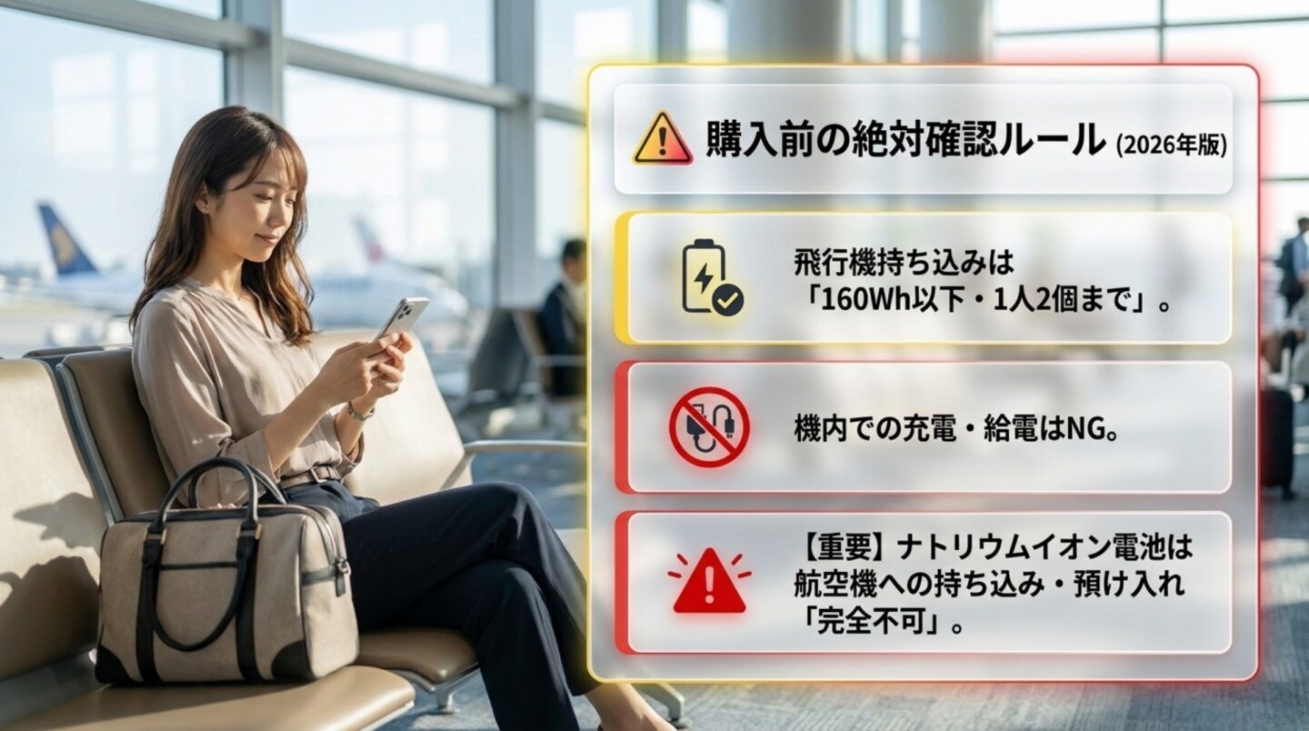 160Wh以下を1人2個まで、機内での充電と給電は禁止、ナトリウムイオン電池は持ち込み不可と示すスライド