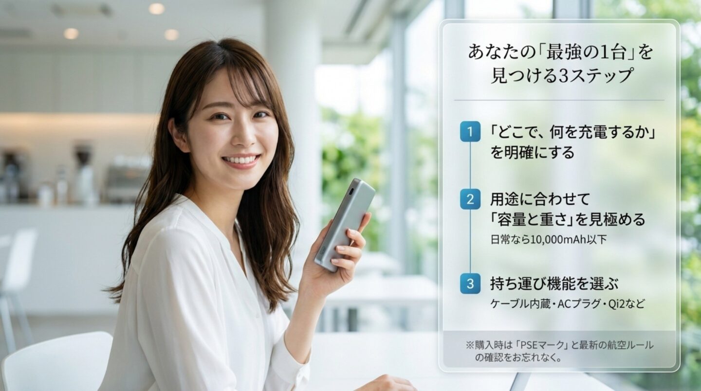 充電する場所と機器、容量と重さ、ケーブル内蔵やQi2などの機能で選ぶ3ステップ