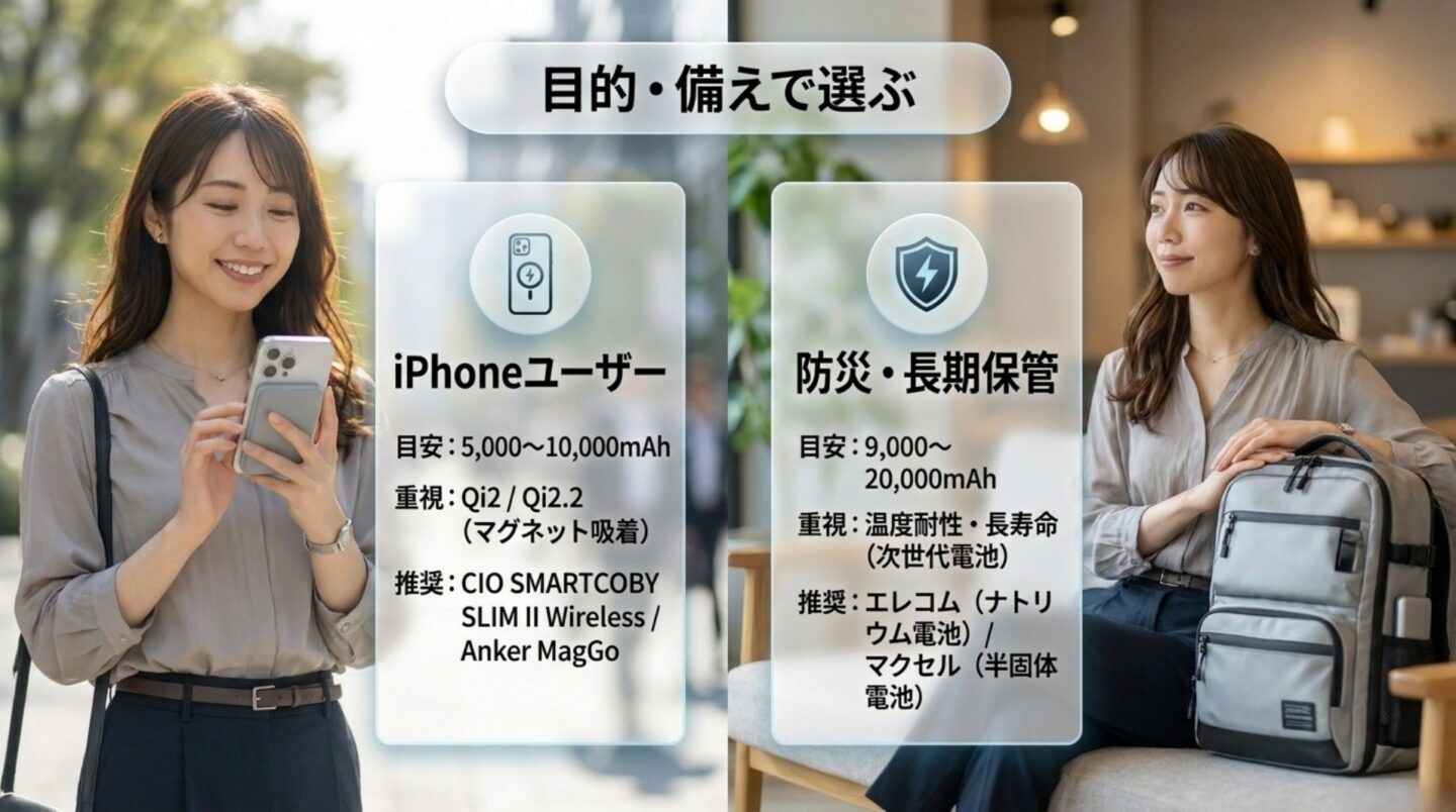 iPhoneにはQi2対応、防災には温度耐性と長寿命の次世代電池を選ぶ目安を示したスライド