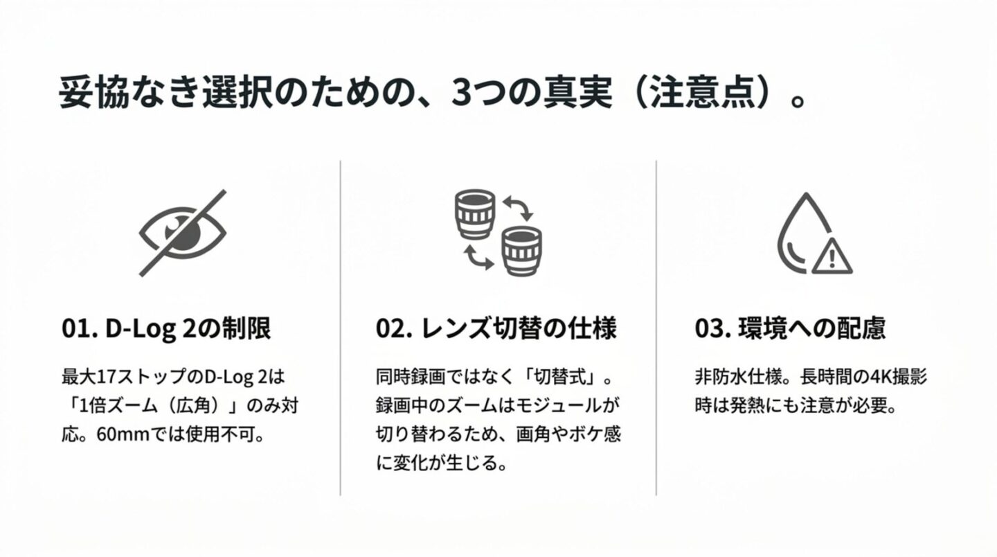 D-Log 2の制限とレンズ切り替えと発熱や非防水をまとめたOsmo Pocket 4Pの注意点