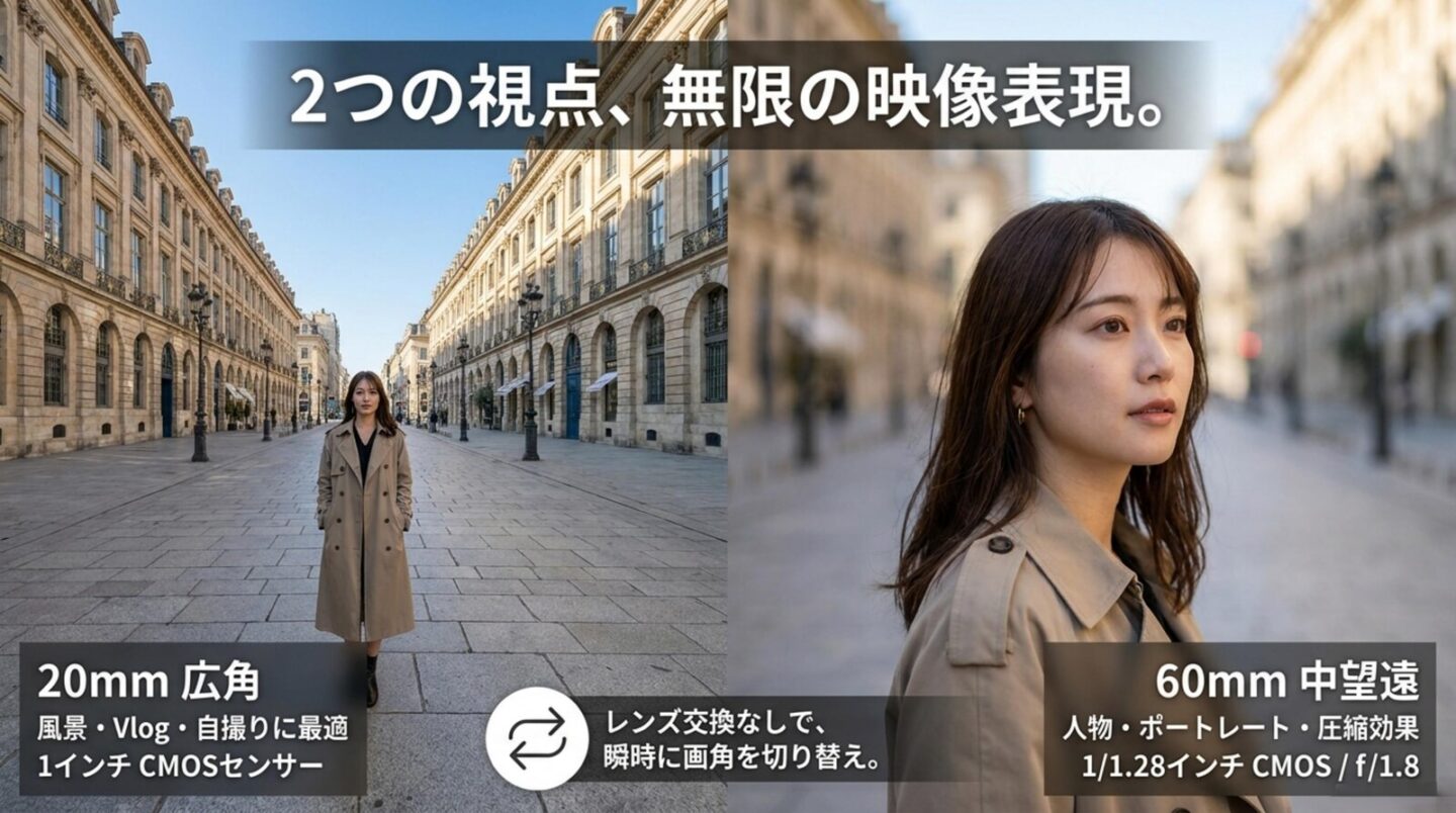 Osmo Pocket 4Pの20mm広角と60mm中望遠による画角と背景ボケの違い