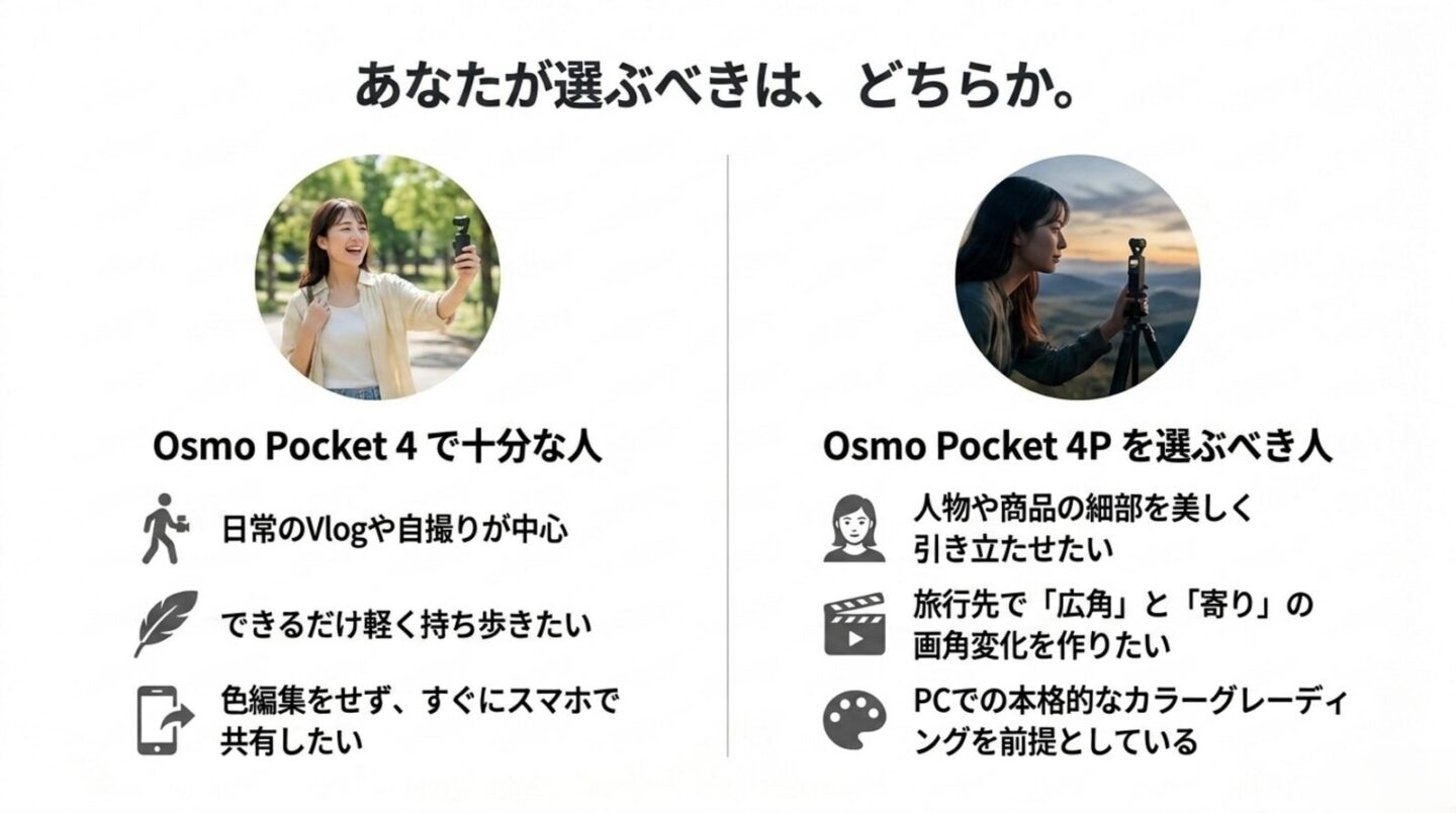 Osmo Pocket 4で十分な人とOsmo Pocket 4Pを選ぶべき人の違い