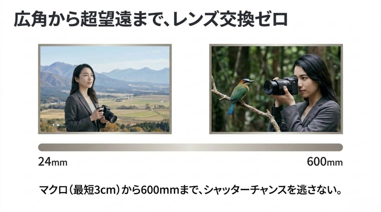 SONY RX10Vの24-600mmレンズ SONY RX10Vの24mmから600mmまでのズーム範囲を示す画像