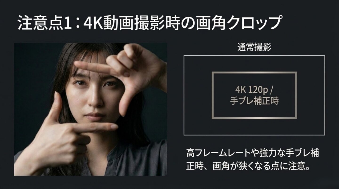 RX10Vの4K動画クロップ条件 RX10Vの4K 120pや手ブレ補正時に画角がクロップされる注意点を示す画像
