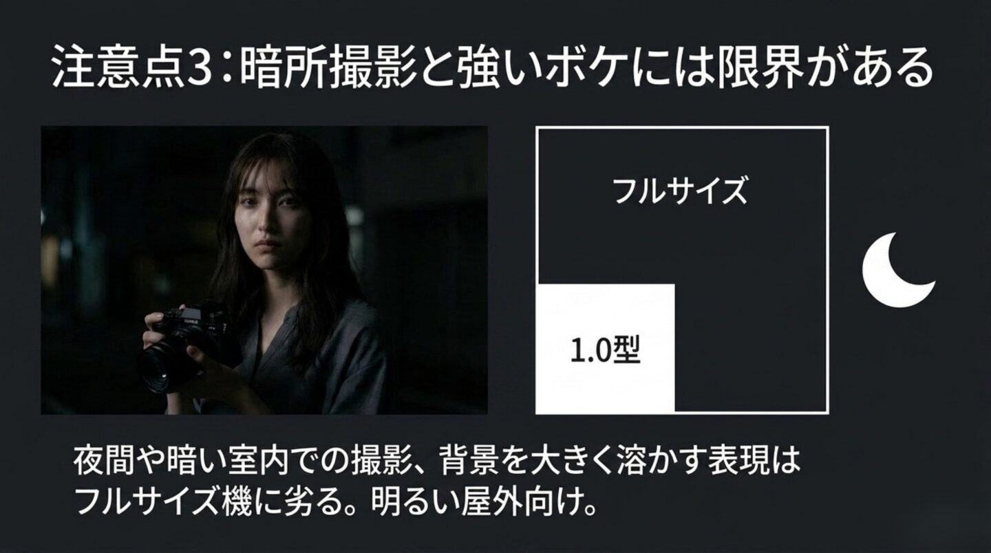 RX10Vの暗所性能とボケの限界 RX10Vの1.0型センサーは暗所撮影や大きなボケではフルサイズに劣ることを示す画像