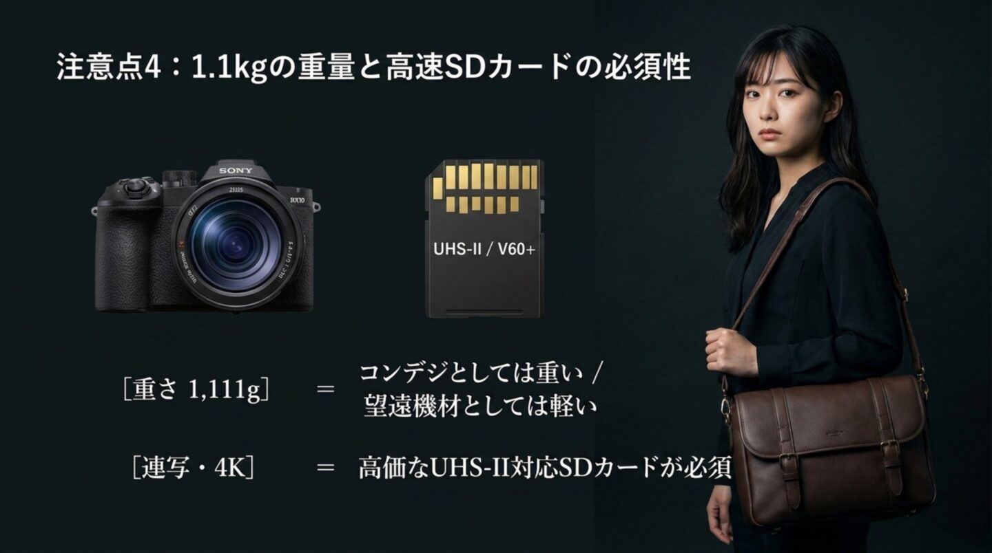 RX10Vの重さとSDカード選び RX10Vの約1111gの重さとUHS-II対応SDカードの必要性を示す画像
