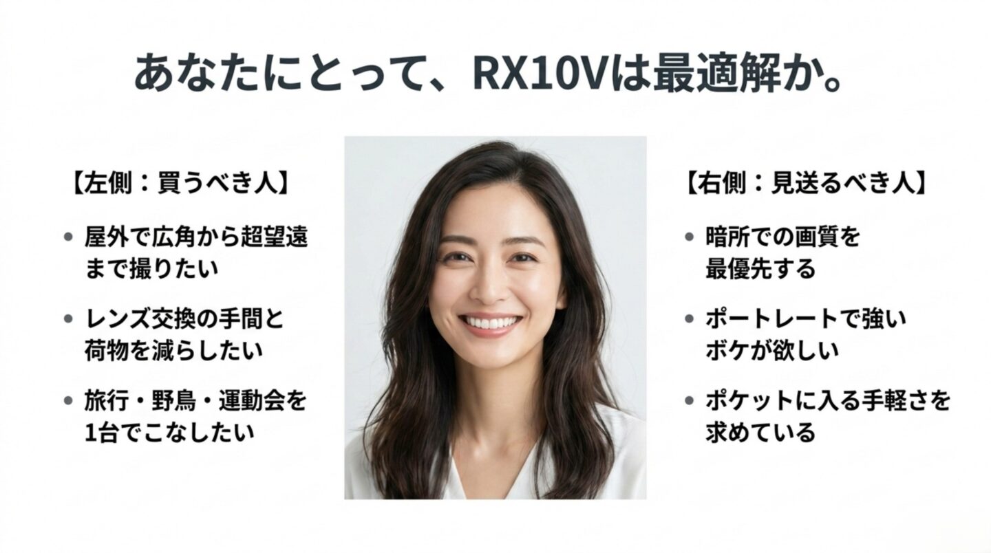 RX10Vを買うべき人と見送るべき人 RX10Vを買うべき人と見送るべき人を比較した画像