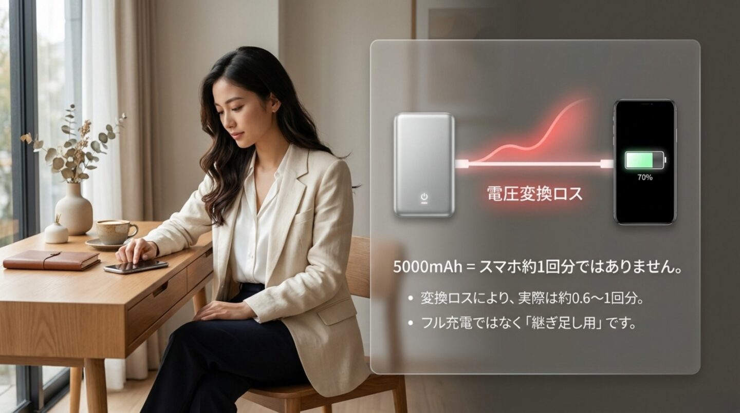 5000mAhモバイルバッテリーは変換ロスによりスマホ約0.6〜1回分になることを示す図