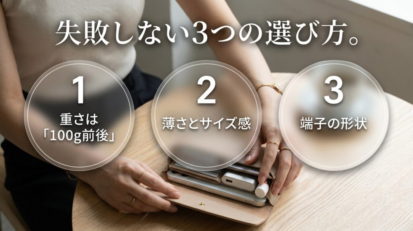 5000mAhモバイルバッテリーは重量100g前後・薄さ・端子形状で選ぶことを示す図
