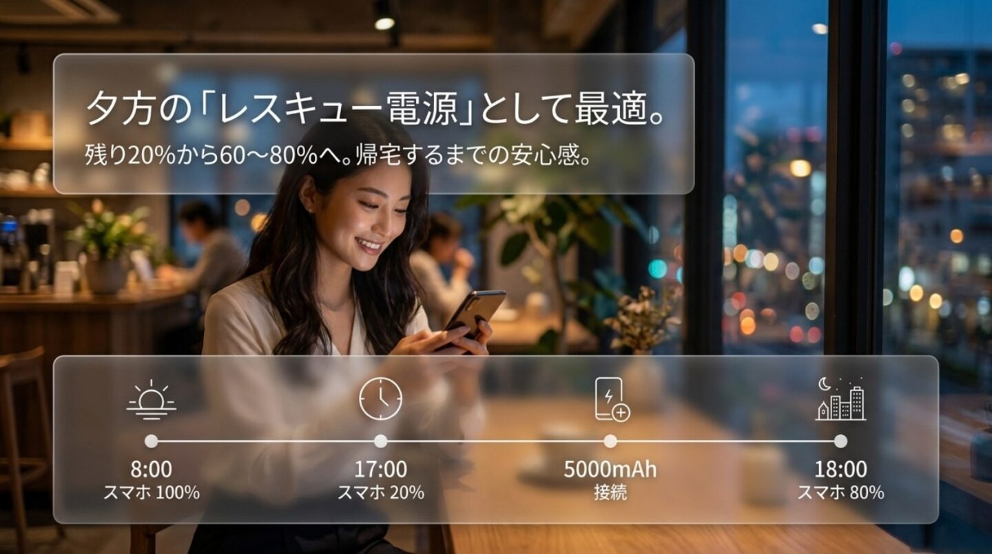 スマホ残量20％から5000mAhモバイルバッテリーで60〜80％まで補充する使用例