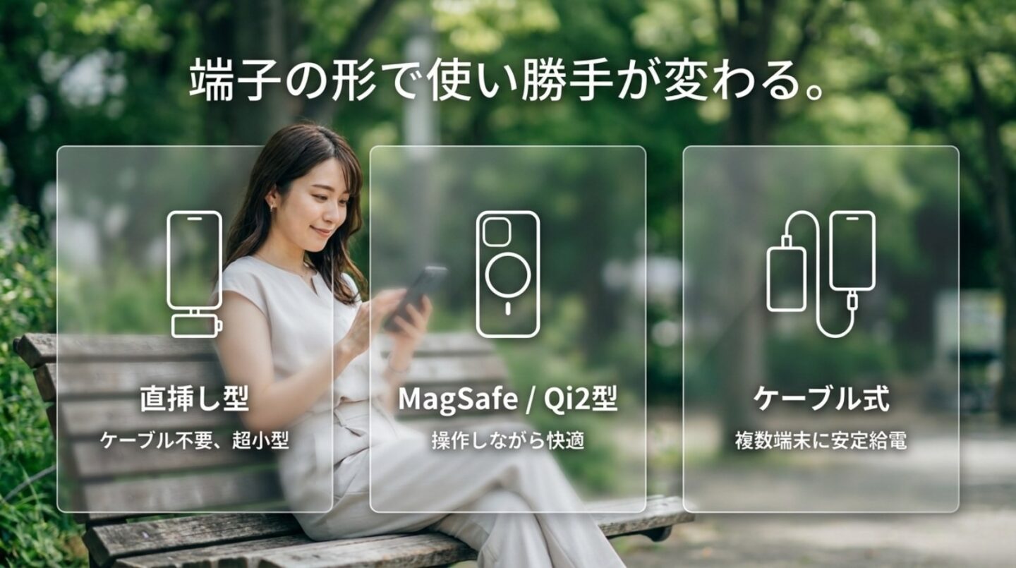 直挿し型・MagSafe Qi2型・ケーブル式の特徴を比較した図