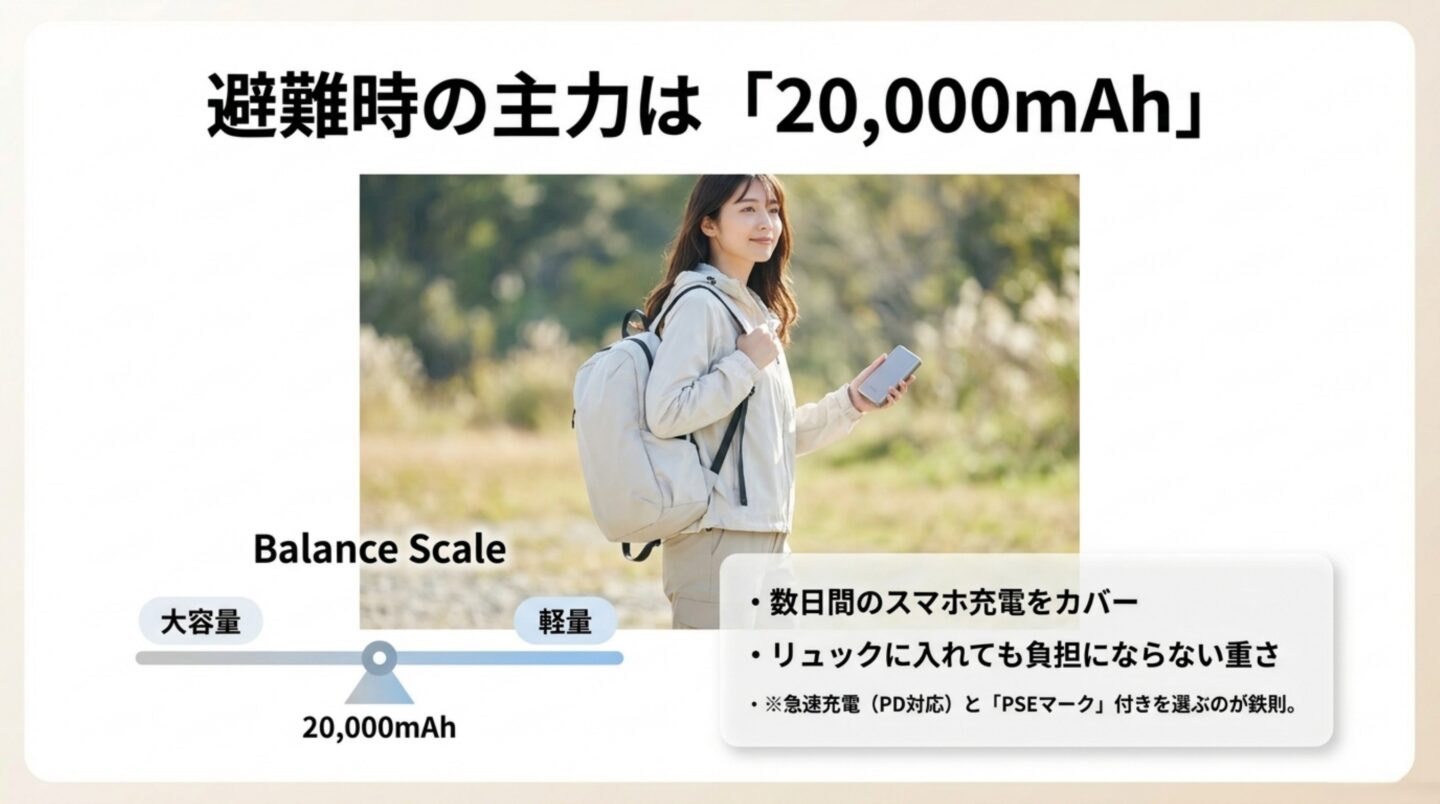 避難時の主力は20000mAhモバイルバッテリー 防災用モバイルバッテリーは20000mAhを容量と重量の基準にする図