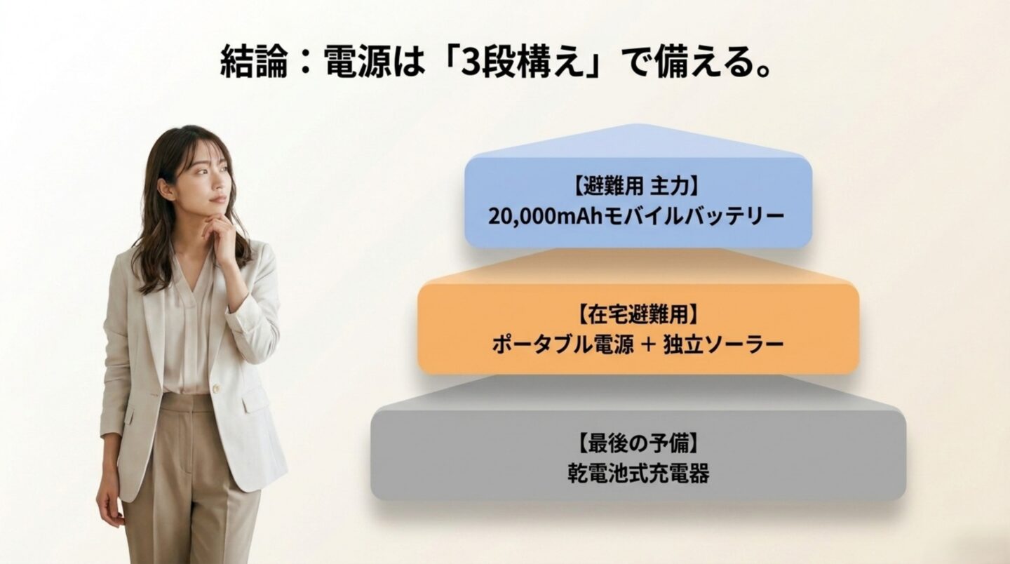 災害時の電源は3段構えで備える 20000mAhモバイルバッテリーとポータブル電源と乾電池式充電器の3段構え
