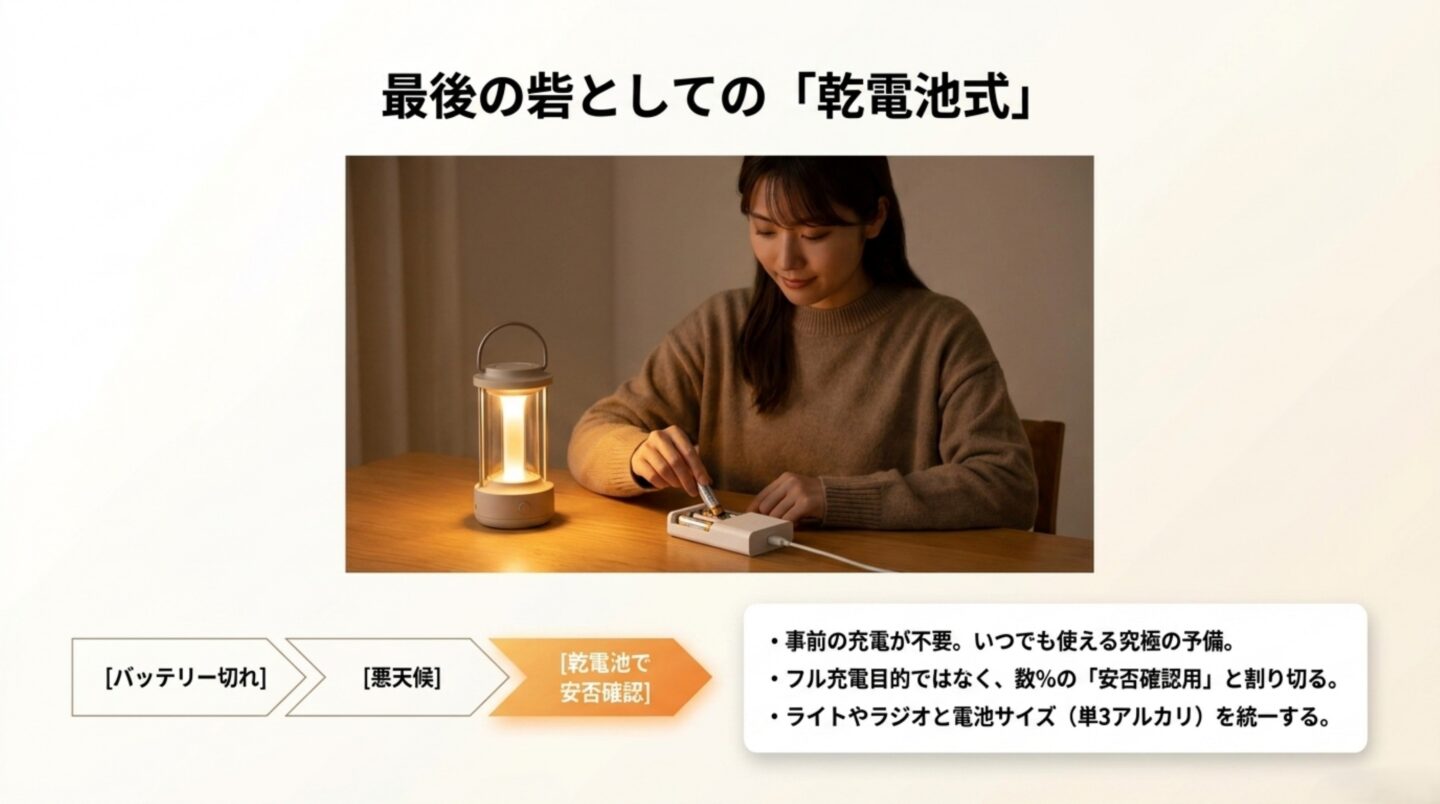 乾電池式モバイルバッテリーは最後の予備 停電と悪天候で充電手段がなくなったとき乾電池式充電器を使う流れ